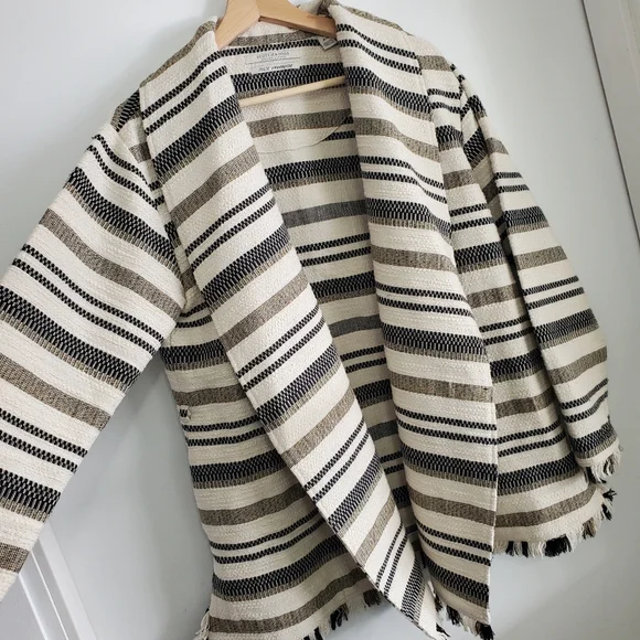 Scotch And Soda Medium Jacket Open Front Cotton Coat Neutral Stripes Boho Fringe - Picture 6 of 16